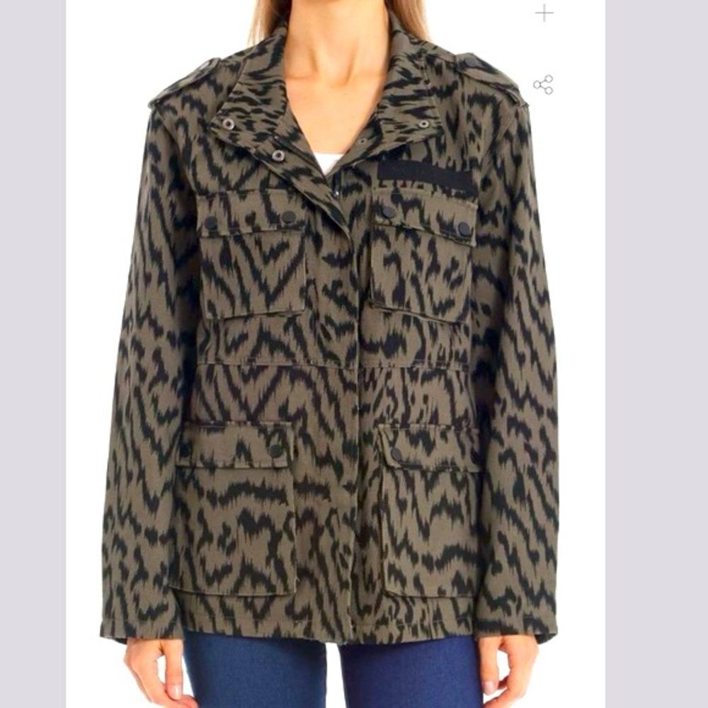 NWT Avec Les Filles Cotton Twill Military Cargo Olive Zebra Jacket Size Small